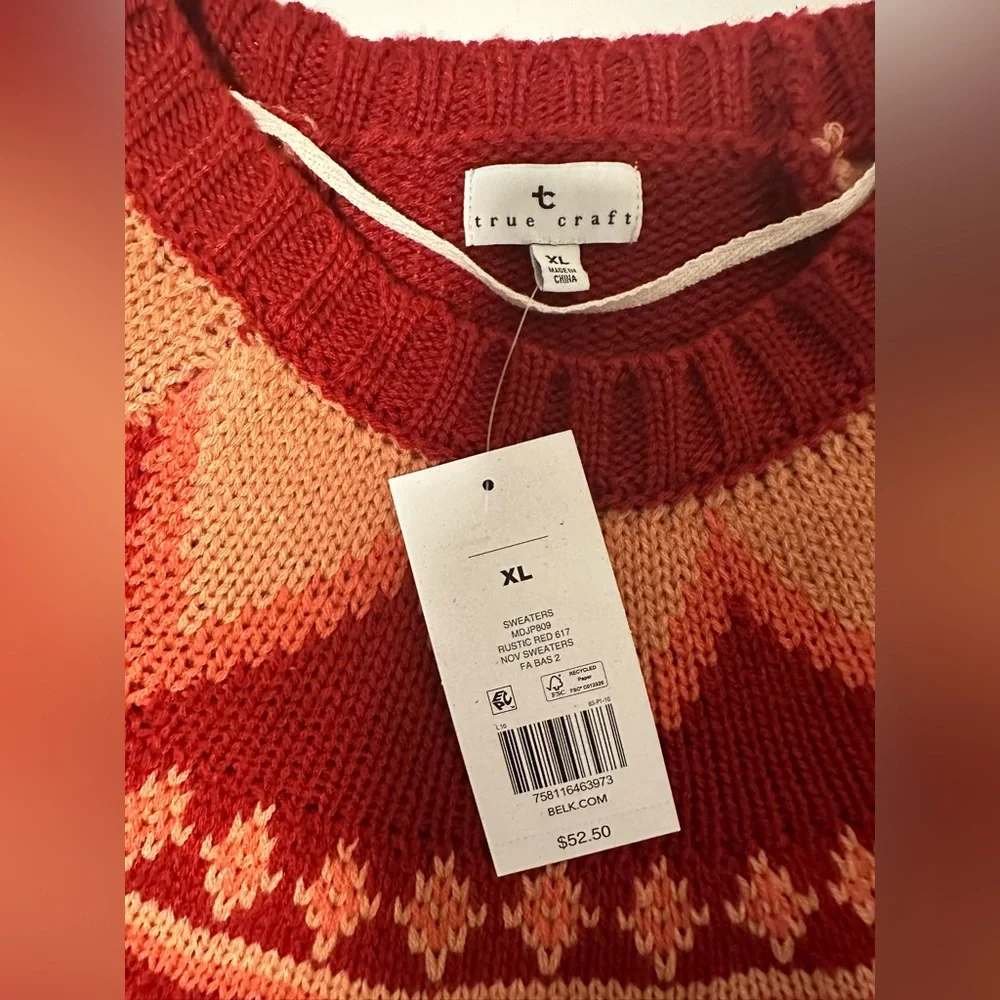 NEW WITH DEFECT True Craft Rustic Red Intarsia Sweater Size XL - Picture 6 of 11